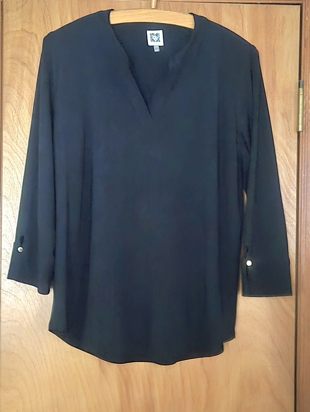 Anne Klein Black Split-Neck Long Sleeve Blouse Sizr L